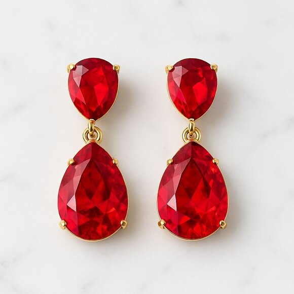 Vintage Eisenberg Ice Red Rhinestone Drop Earrings Goldtone Holiday Jewelry - Picture 1 of 3